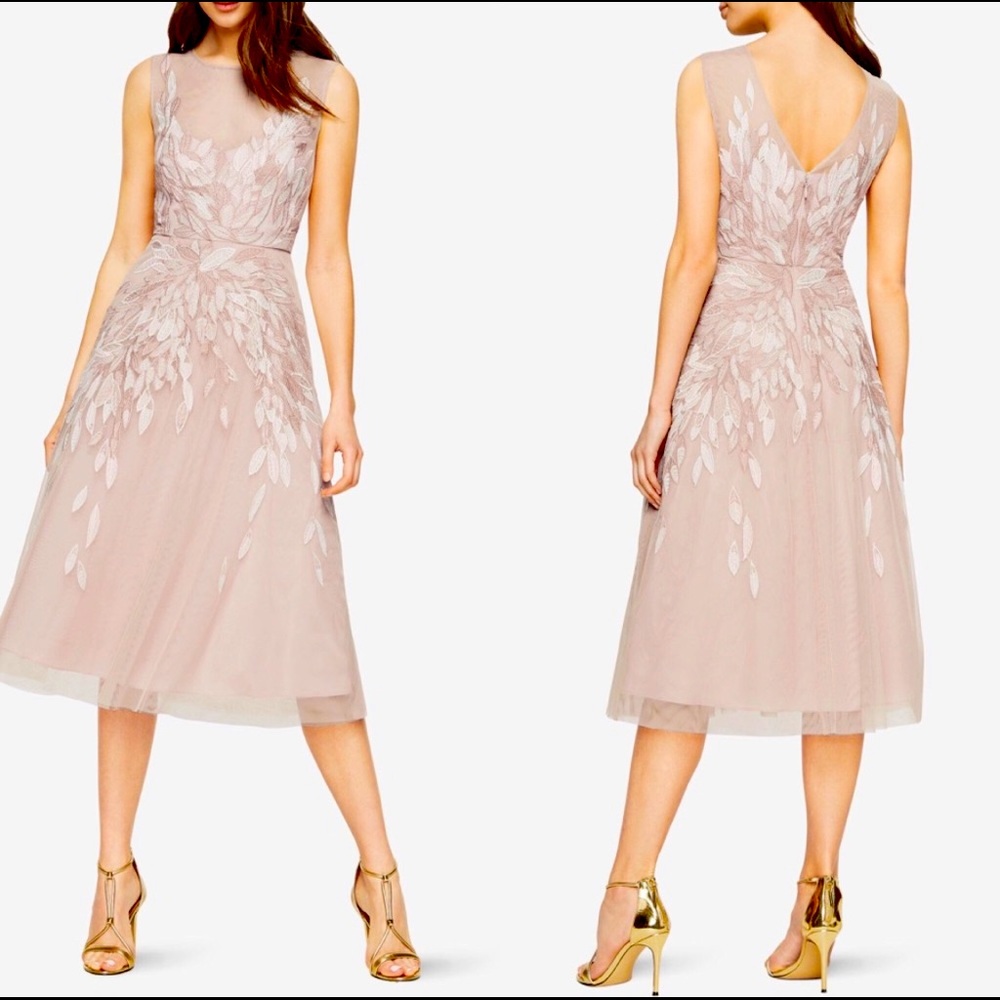 BCBGMaxAzria Pink Floral Embroidery Tulle Midi Dress 0